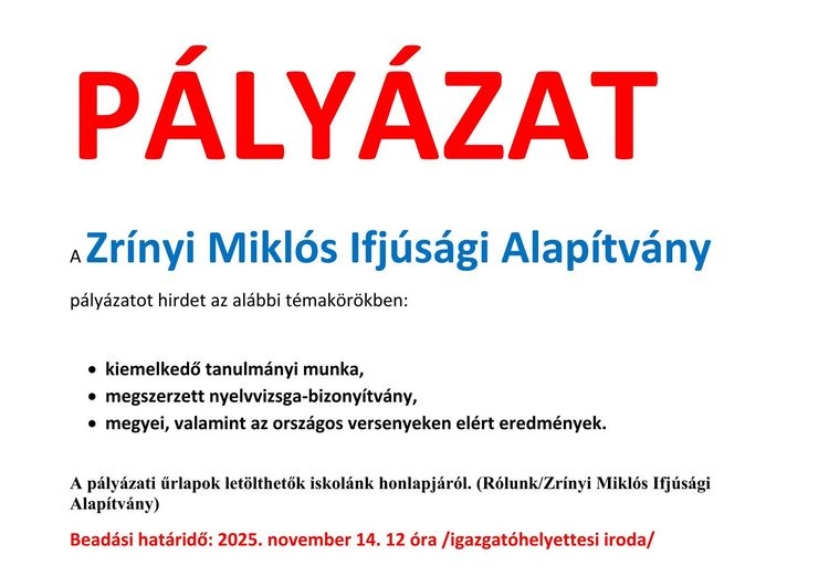 Pályázat iskolánk tanulói számára